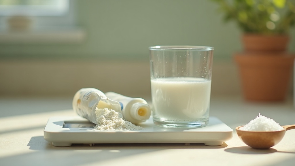 documentary still-life of a kitchen scale with an unbranded electrolyte stick pa
