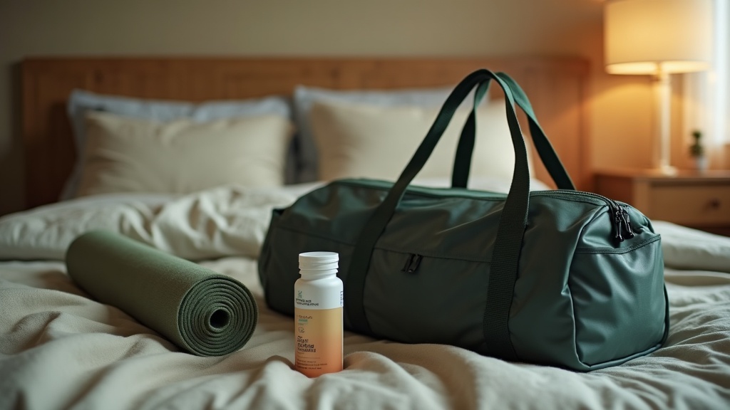 documentary still-life of a packed gym bag on a bedroom floor with a rolled yoga