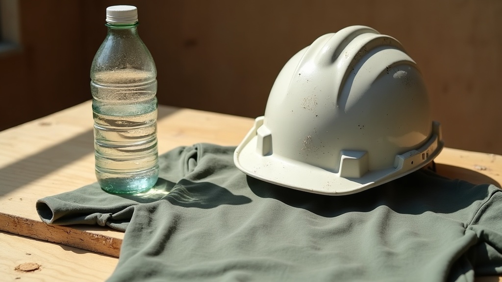 Documentary still-life of a well-worn hard hat with faint white salt crust on th