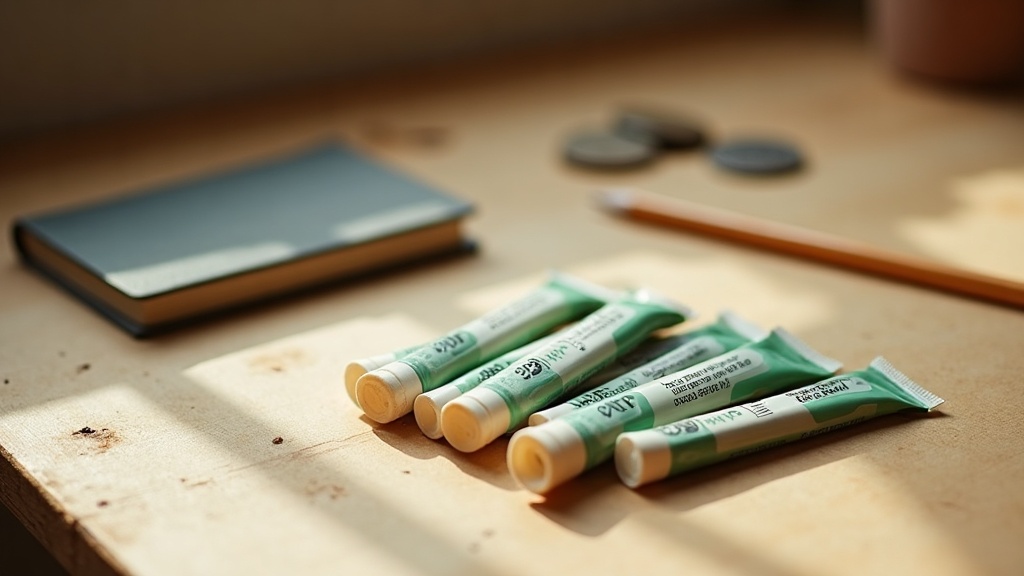 Documentary still-life of unbranded single-serve electrolyte powder sticks fanne