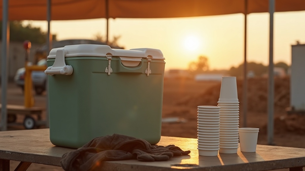 Documentary still-life of a large insulated water cooler with a stack of paper c