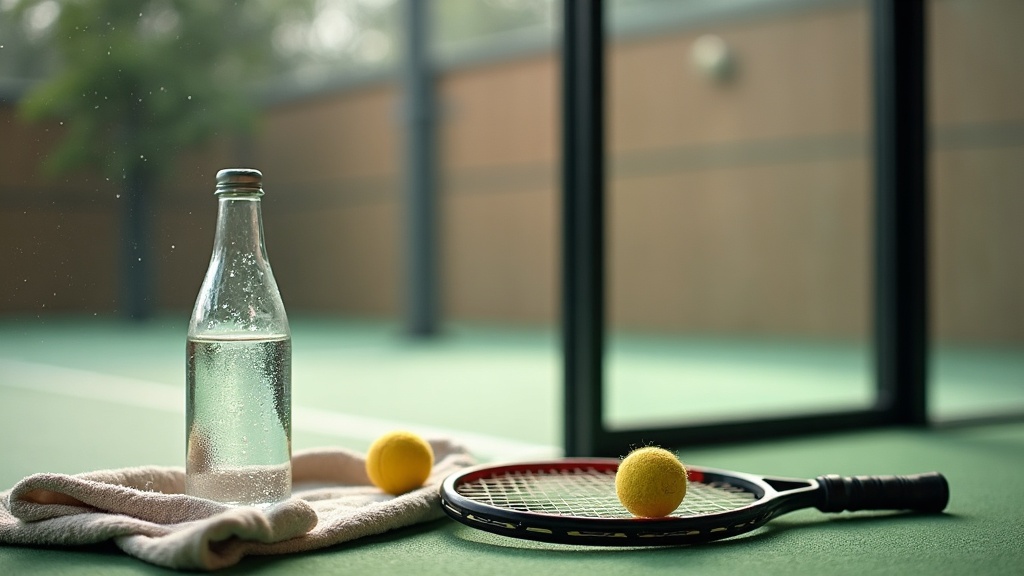 documentary still life inside an indoor padel court: sweat-damp towel draped ove