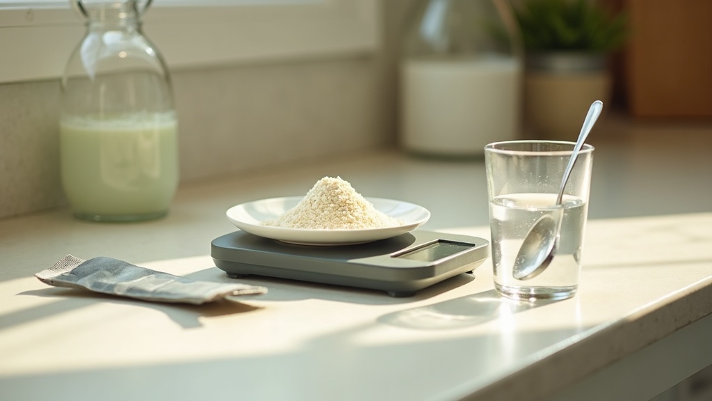 documentary still life on a kitchen counter: small digital scale holding a mound