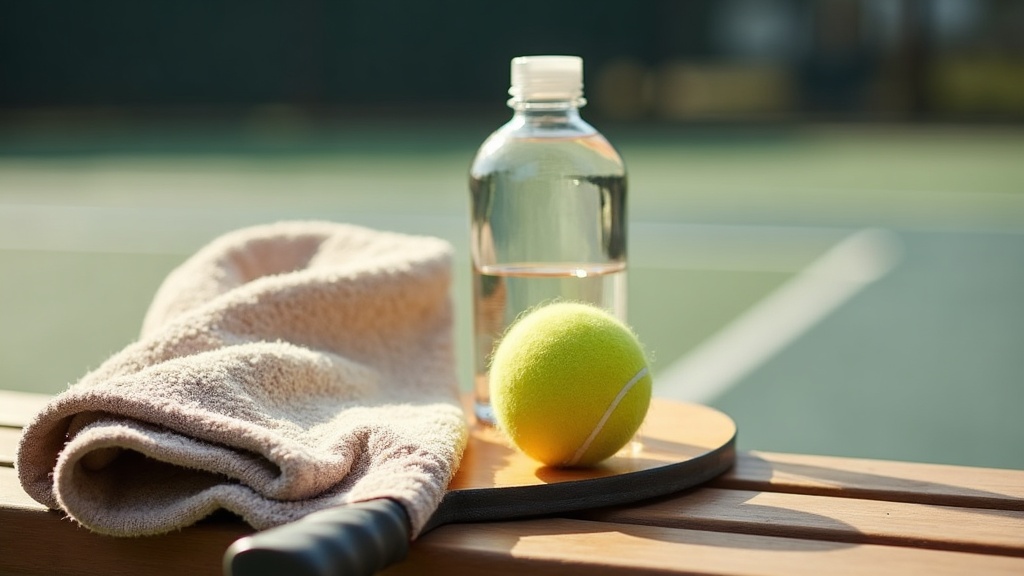 documentary still-life of a sweat-darkened towel, a half-empty clear water bottl