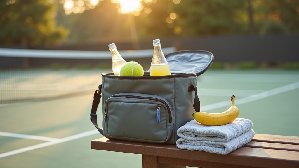 documentary still-life of an open insulated cooler bag on a court-side bench hol