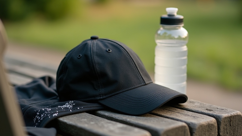 Documentary still-life of a black running cap and dark singlet with visible drie