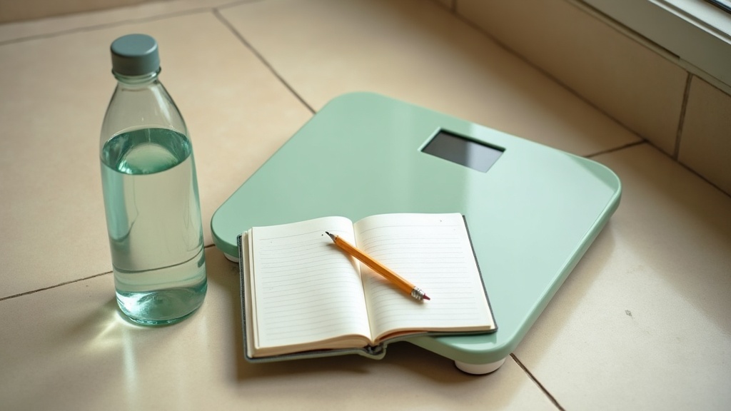 Documentary still-life of a bathroom scale, an open pocket notebook with a penci