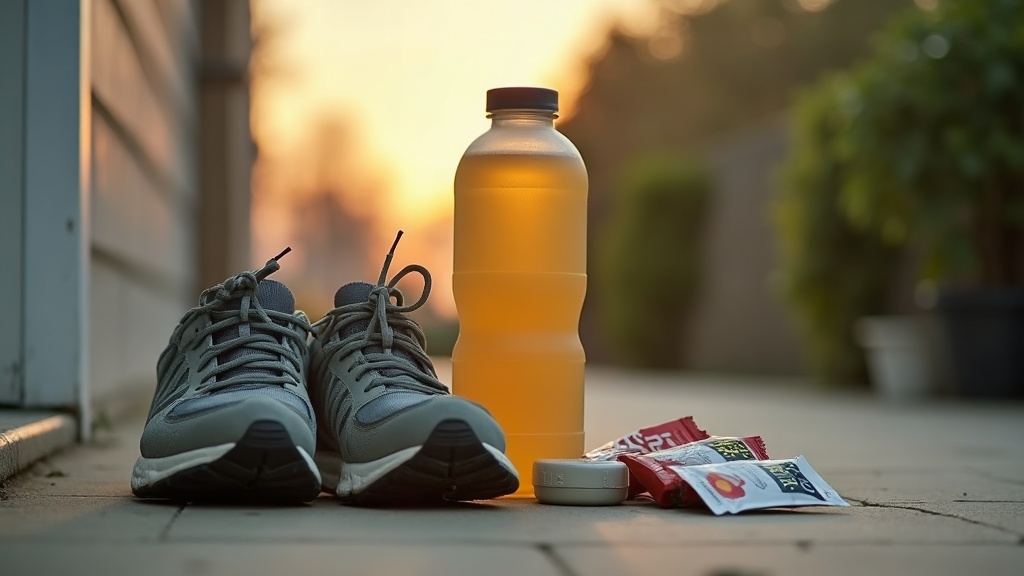 Documentary still-life flat lay of marathon training gear by a front door at daw