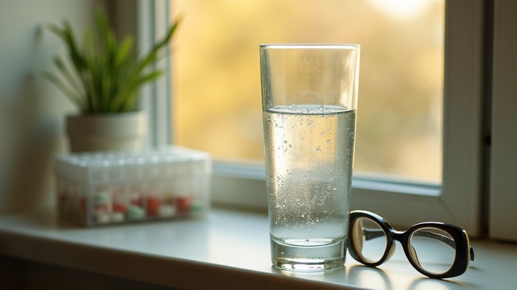 documentary still-life of a half-full glass of water beside a weekly pill organi