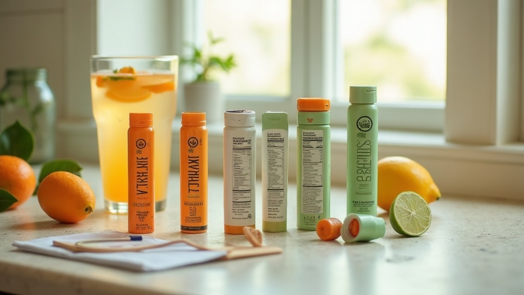 documentary still-life of five unbranded single-serve electrolyte sticks and one