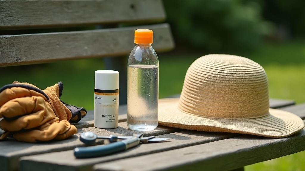 documentary still-life of a garden bench in afternoon shade with a sun hat, a cl