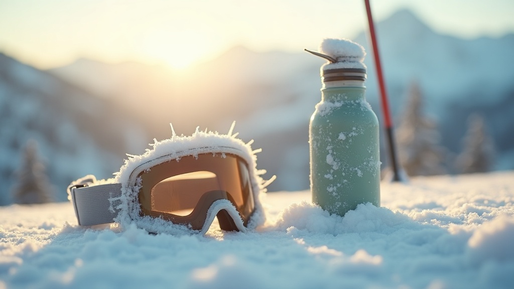 documentary still-life of frost-covered ski goggles and an insulated bottle stan