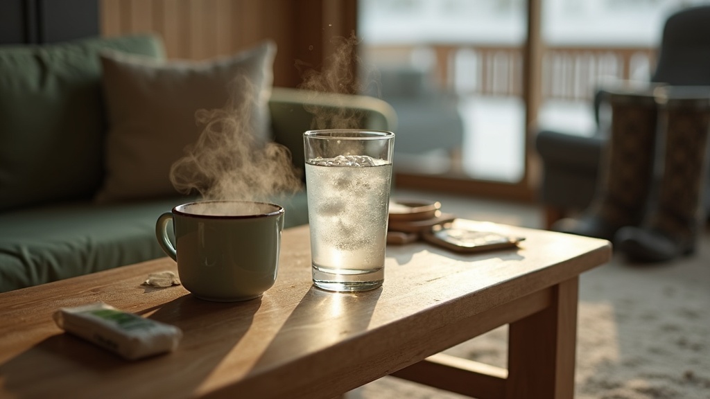 documentary still-life of a tablet fizzing in a glass of water on a wooden apres
