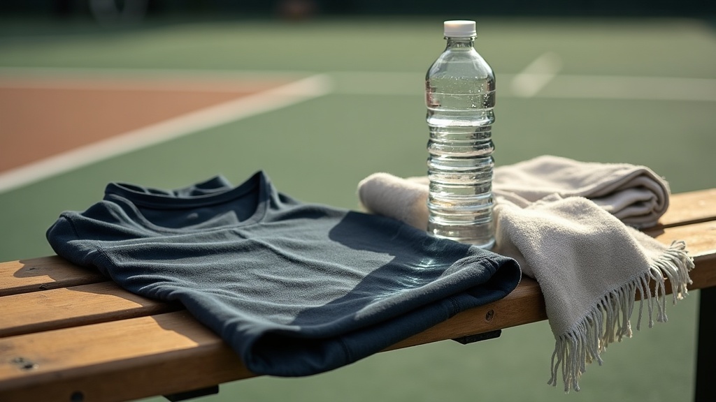 documentary still-life on an outdoor tennis court bench: a dark sweat-soaked t-s
