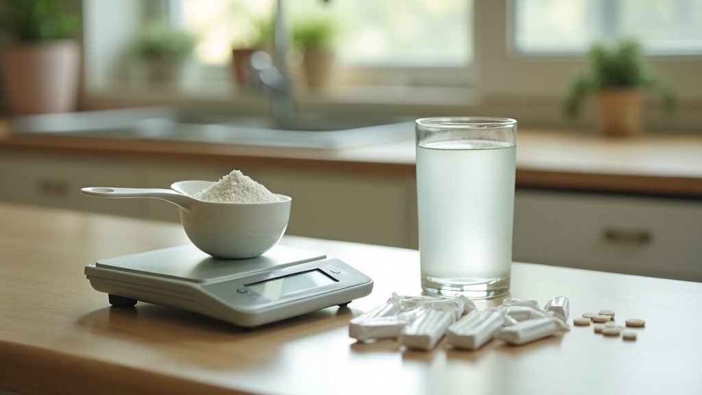 documentary still-life on a kitchen counter: a small digital scale weighing whit