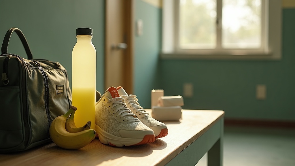 documentary still-life of an open tennis bag on a locker-room bench: unbranded e
