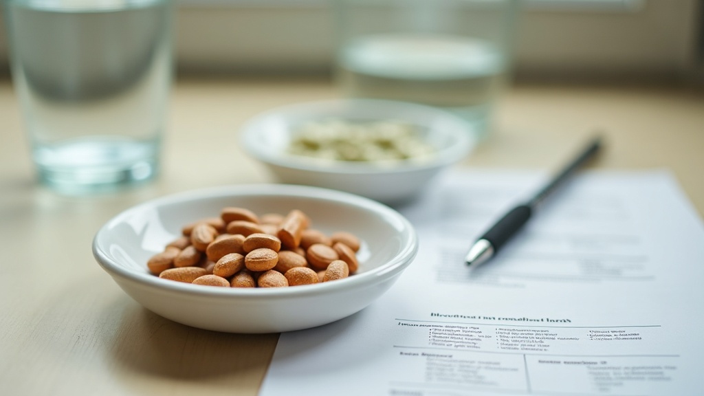 documentary still-life of two small piles of supplement pills on a white ceramic