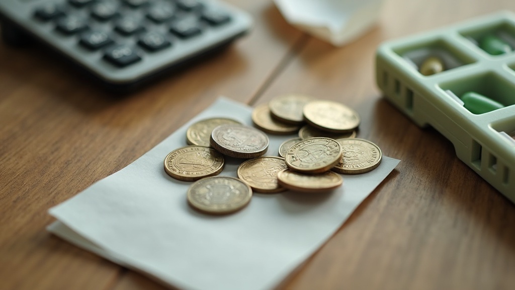documentary still-life of a calculator, a handful of coins, and a weekly pill or