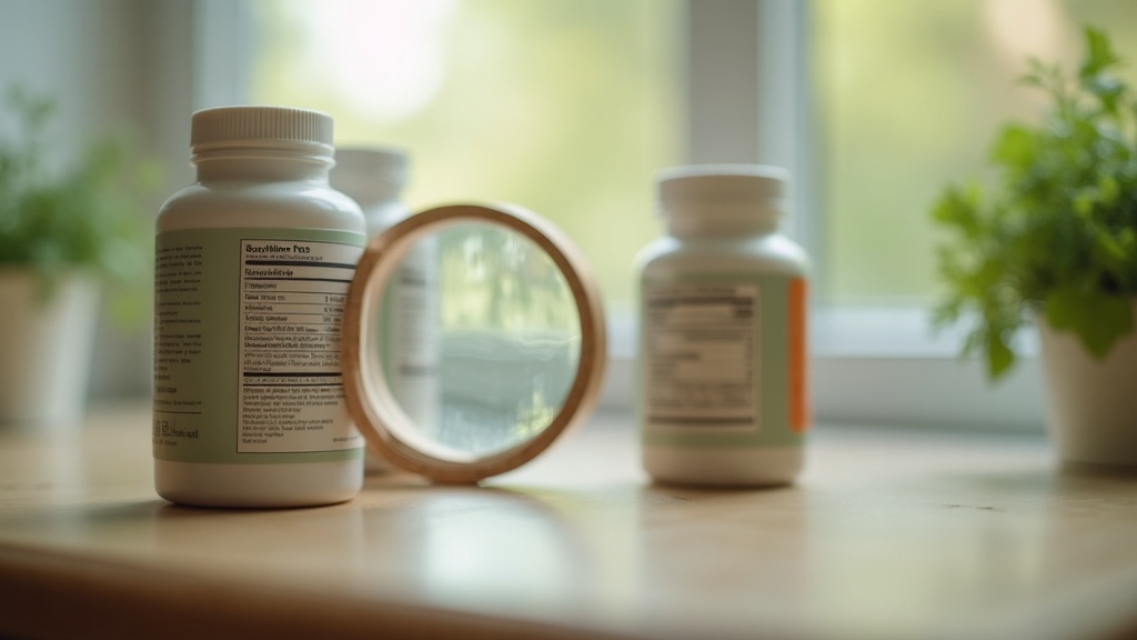 documentary still-life of a magnifying glass held over the small print of a supp