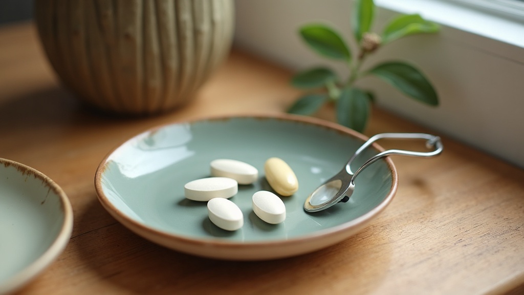 documentary still-life of two small ceramic dishes on a wooden table, one holdin