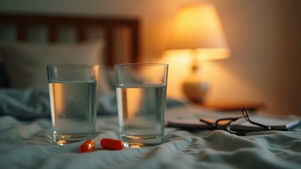 documentary still-life of two capsules and a glass of water on a bedside table a