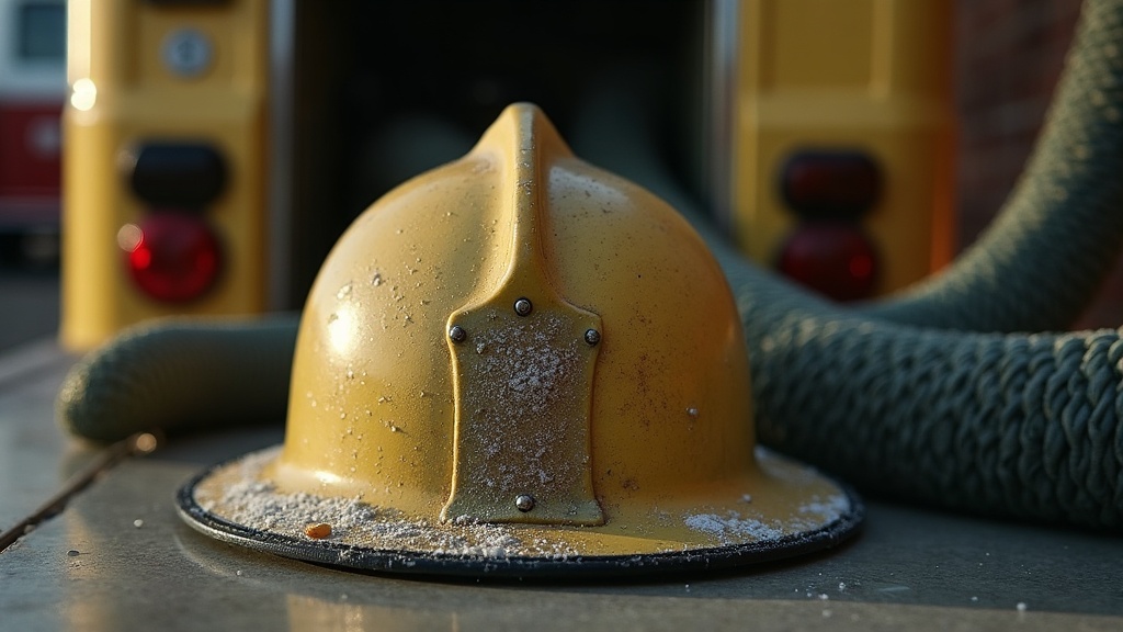 Documentary still-life of a sweat-soaked flash hood and a helmet with a faint wh