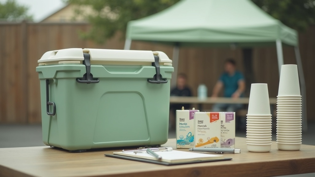 Documentary still-life of an incident rehab table under a pop-up canopy: large i