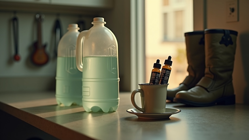 Documentary still-life of a fire station kitchen counter with a half-gallon wate