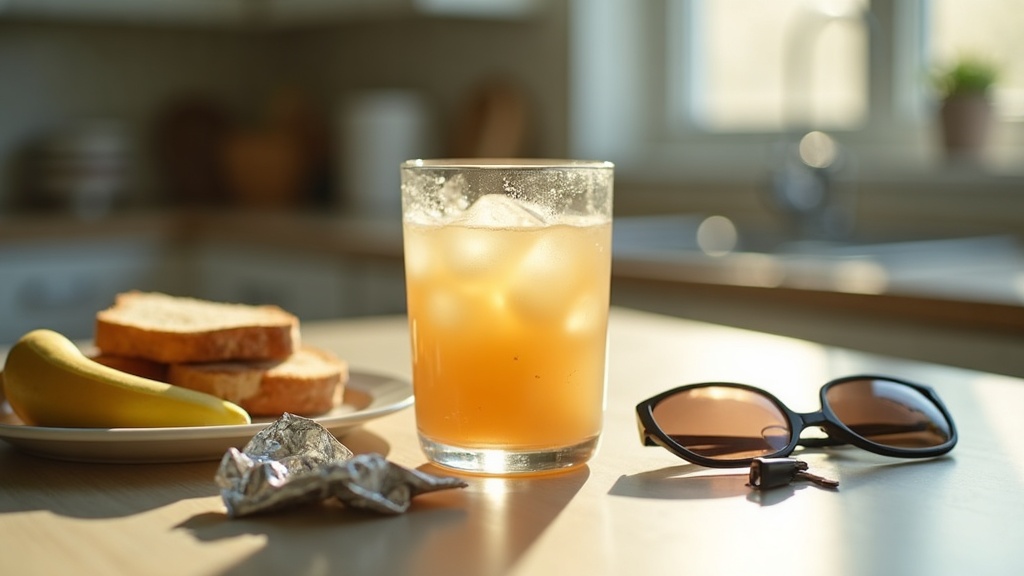 documentary still-life of a morning-after kitchen counter: a half-full glass of