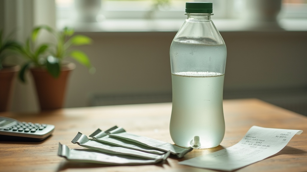 documentary still-life on a wooden kitchen table: a one-liter bottle of clear re