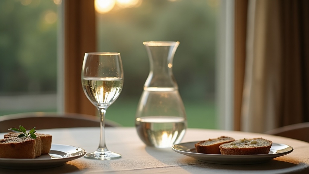 documentary still-life of a dinner table set for the evening: a full water glass