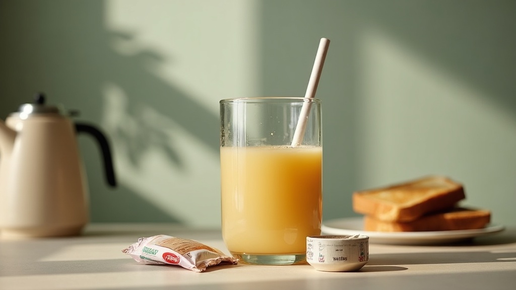 documentary still-life of a breakfast table with a tall glass of pale electrolyt