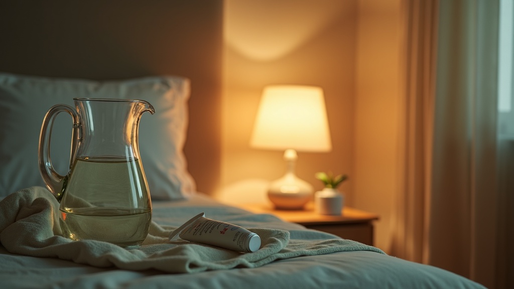 documentary still-life of an evening nightstand prepared for sleep: water carafe