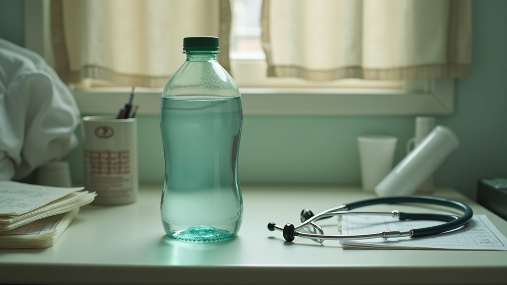Documentary still-life of a full 1-liter clear water bottle standing untouched b