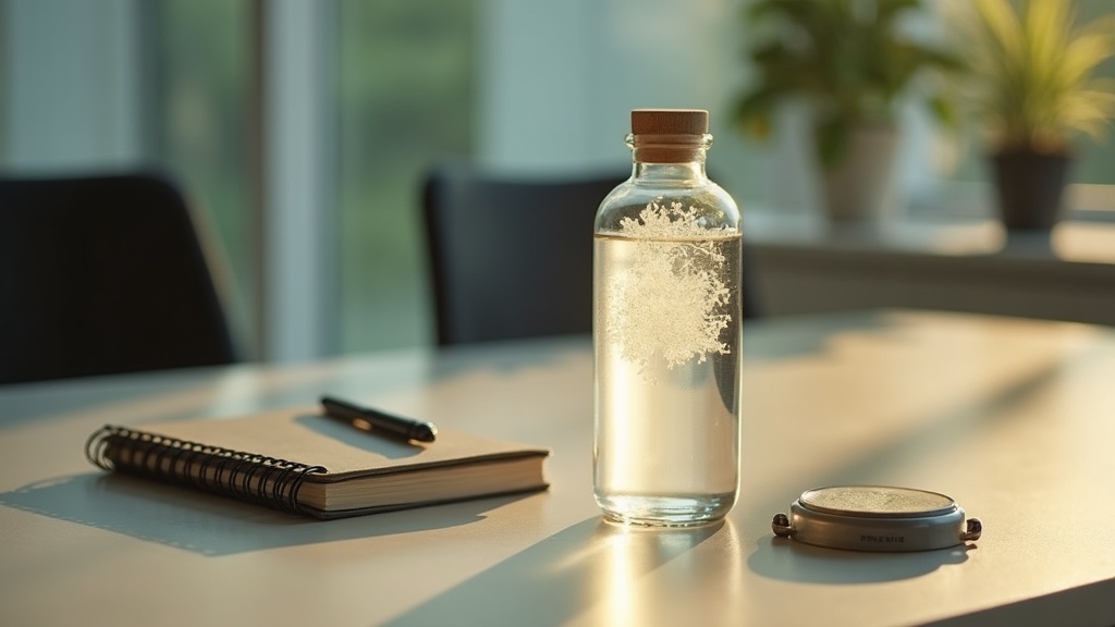 Documentary still-life of an unbranded effervescent tablet mid-fizz in a glass b
