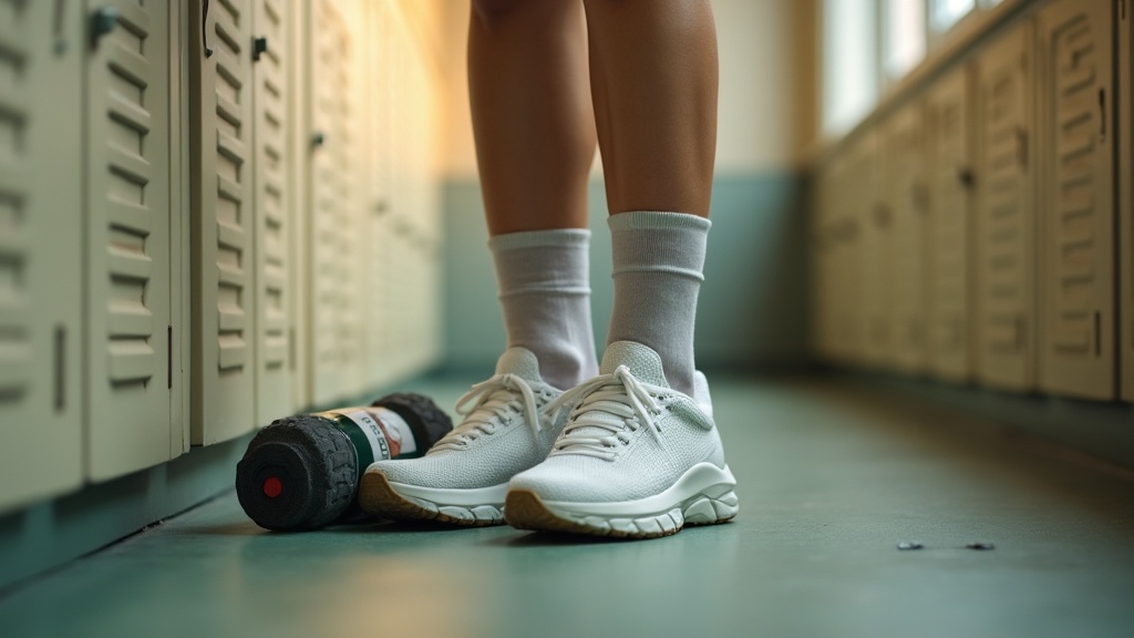 Documentary still-life of rolled compression socks, plain white sneakers with wo