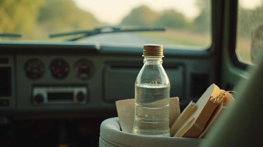 Documentary still-life of a sun-faded dashboard with a capped, nearly full water
