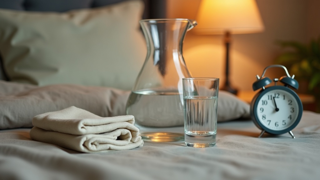 documentary still-life of a half-empty glass of water and a full carafe on a bed