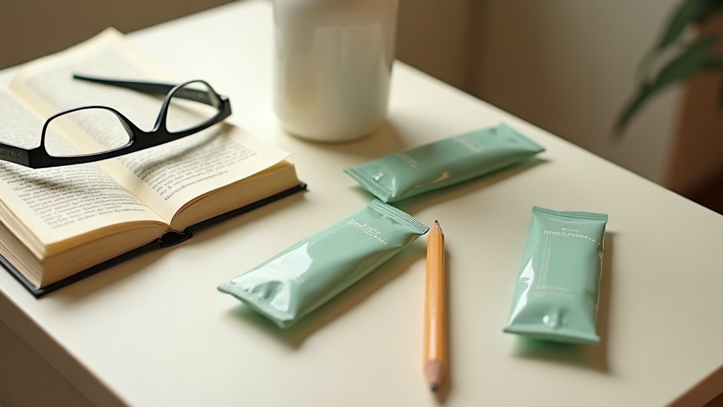 documentary still-life of unbranded electrolyte stick packs laid in a row on a k