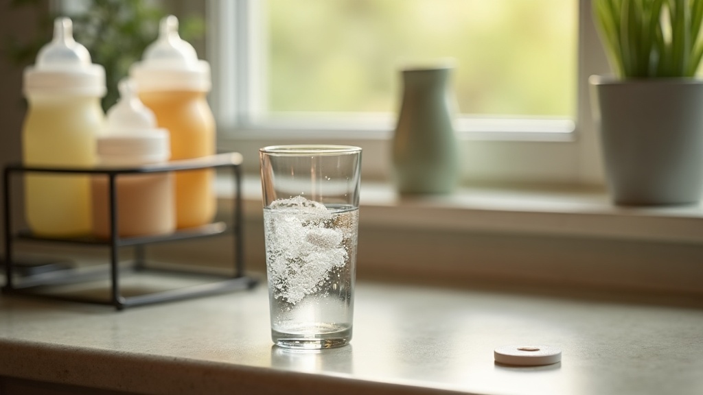 documentary still-life of an effervescent tablet fizzing in a tall glass of wate
