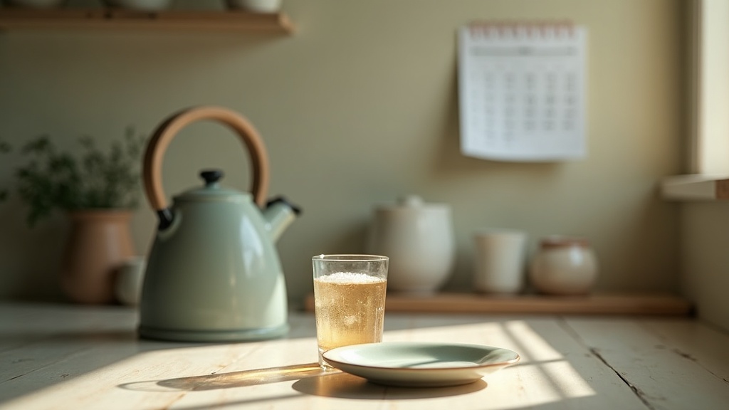 documentary still-life of a kitchen at dawn with a kettle, an empty plate pushed