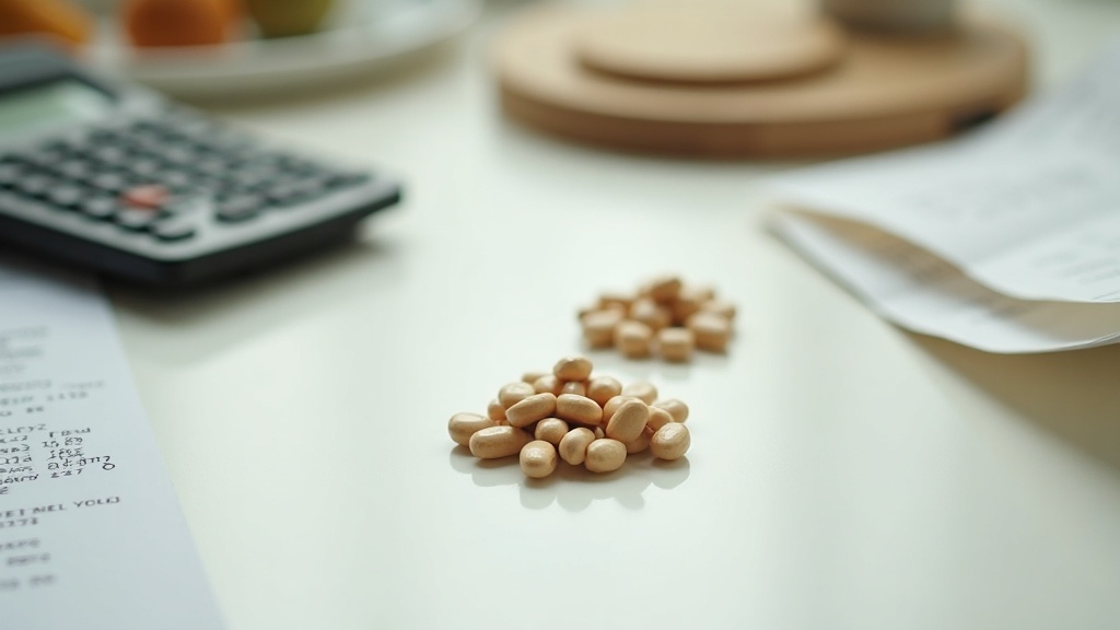 A close daylight flat-lay of a pocket calculator, a handwritten grocery receipt,