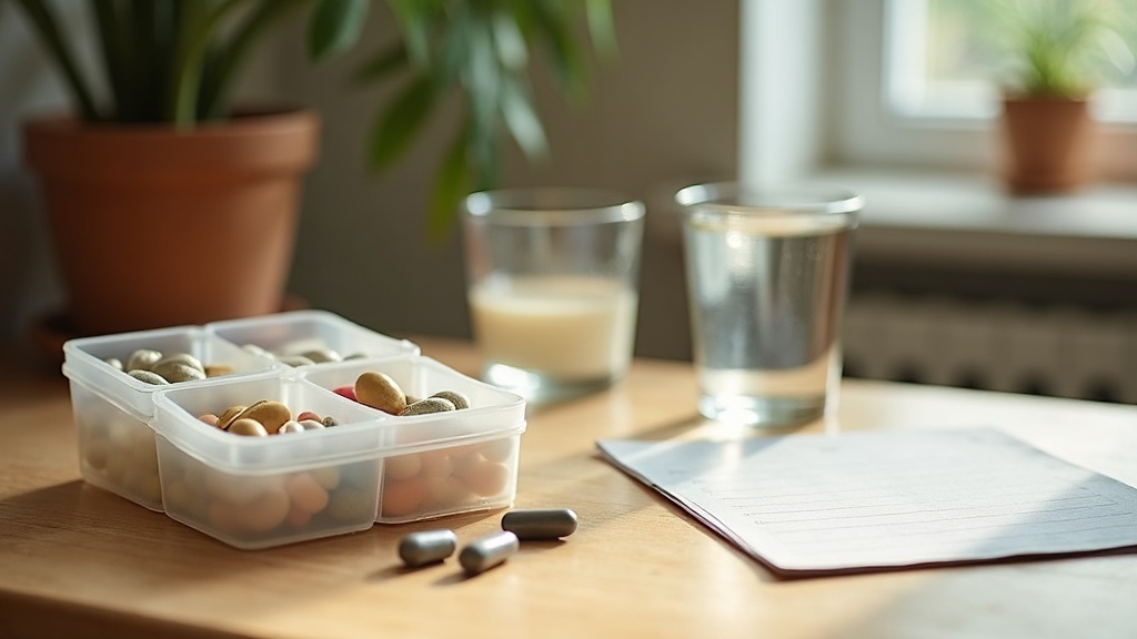 A calm morning kitchen scene in soft daylight: a weekly pill organizer half-fill