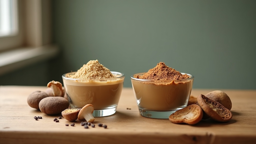 documentary still-life of two small glass bowls of tan instant-coffee-style powd