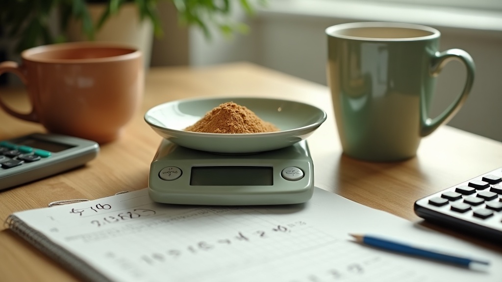 documentary still-life of a kitchen scale with one tablespoon of tan powder on i