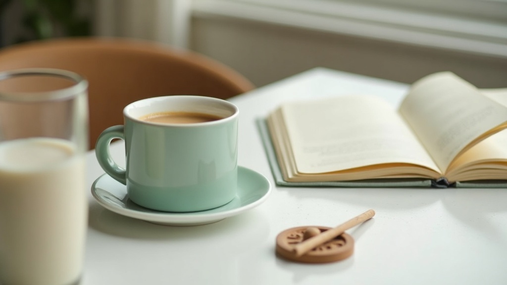 documentary still-life of a morning routine scene: a mug of pale creamy coffee,