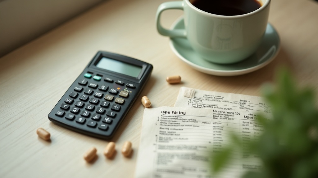 documentary still-life of a pocket calculator, a paper receipt, and loose supple