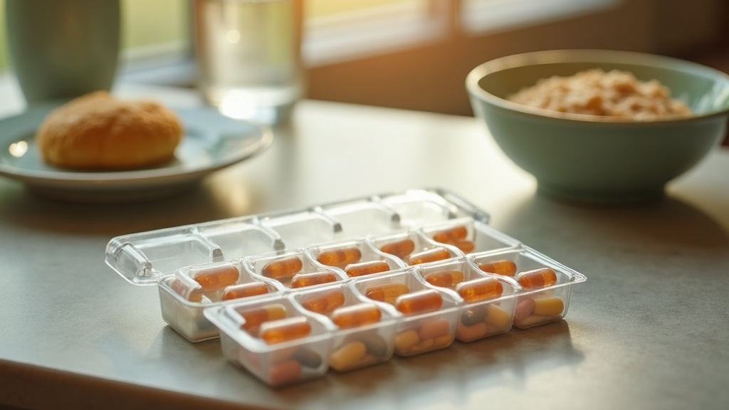 documentary still-life of a weekly pill organizer open on a breakfast table with