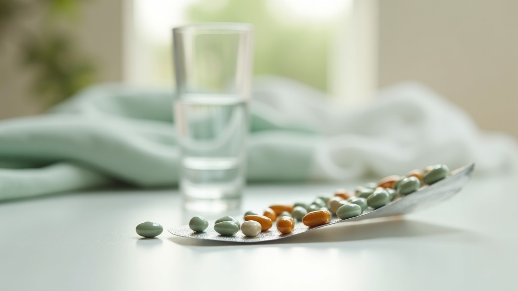documentary still-life of an open blister pack of antibiotic tablets beside two 