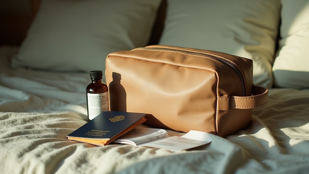 documentary still-life of a packed travel toiletry bag with a small generic supp